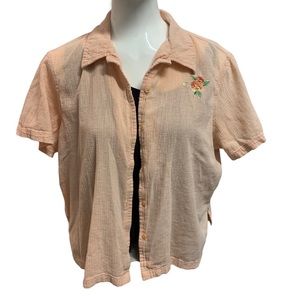 Vintage pink short sleeve crinkle sheer button up embroidered flower 100% cotton
